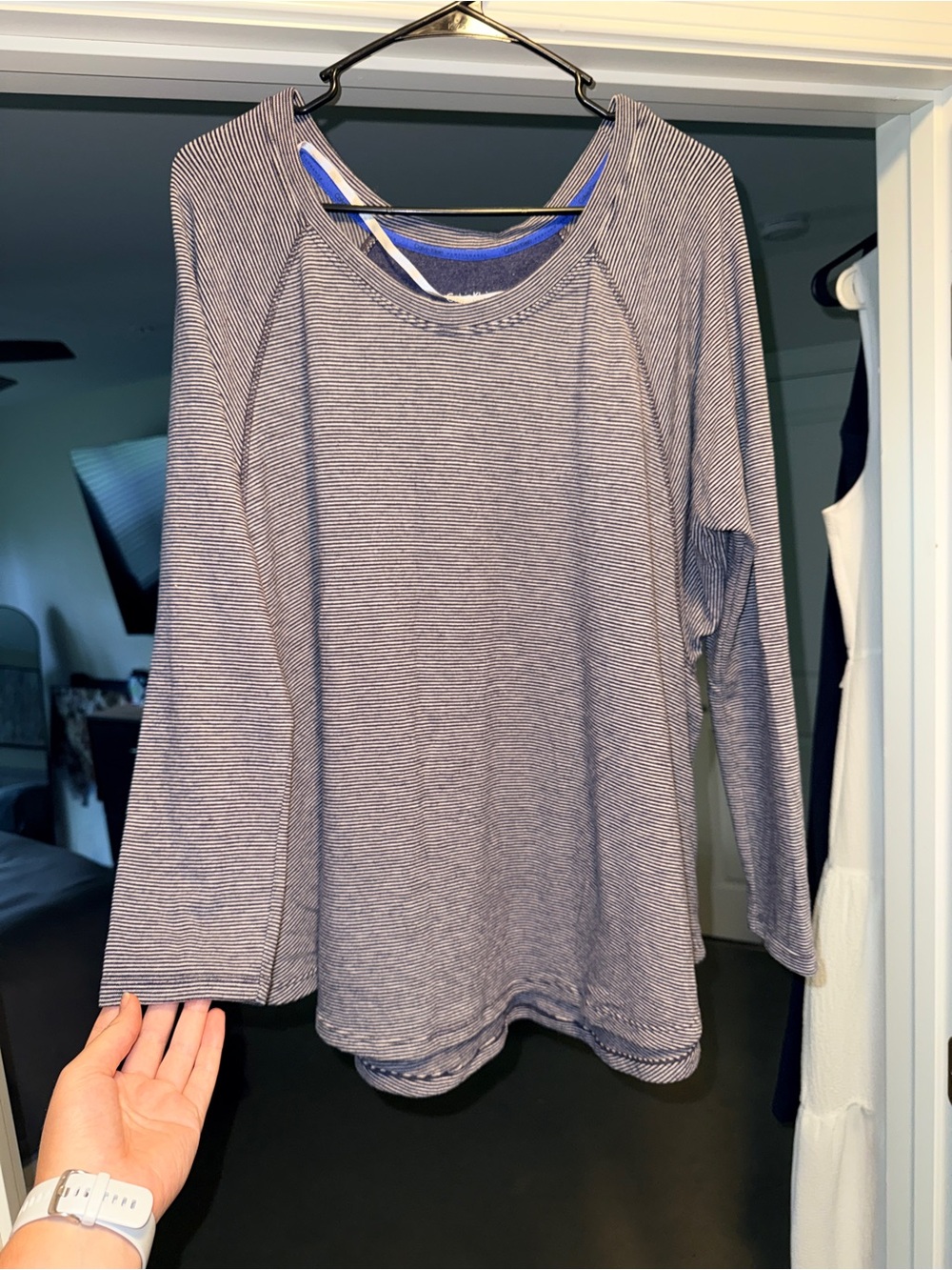 Calvin Klein Navy and White Micro-Striped Long Sleeve Tee